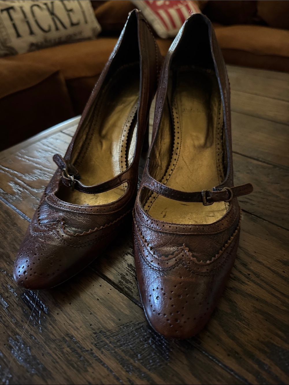 J. Crew Brown Leather Mary Jane Spectator Pumps Heels with Baroque Detail